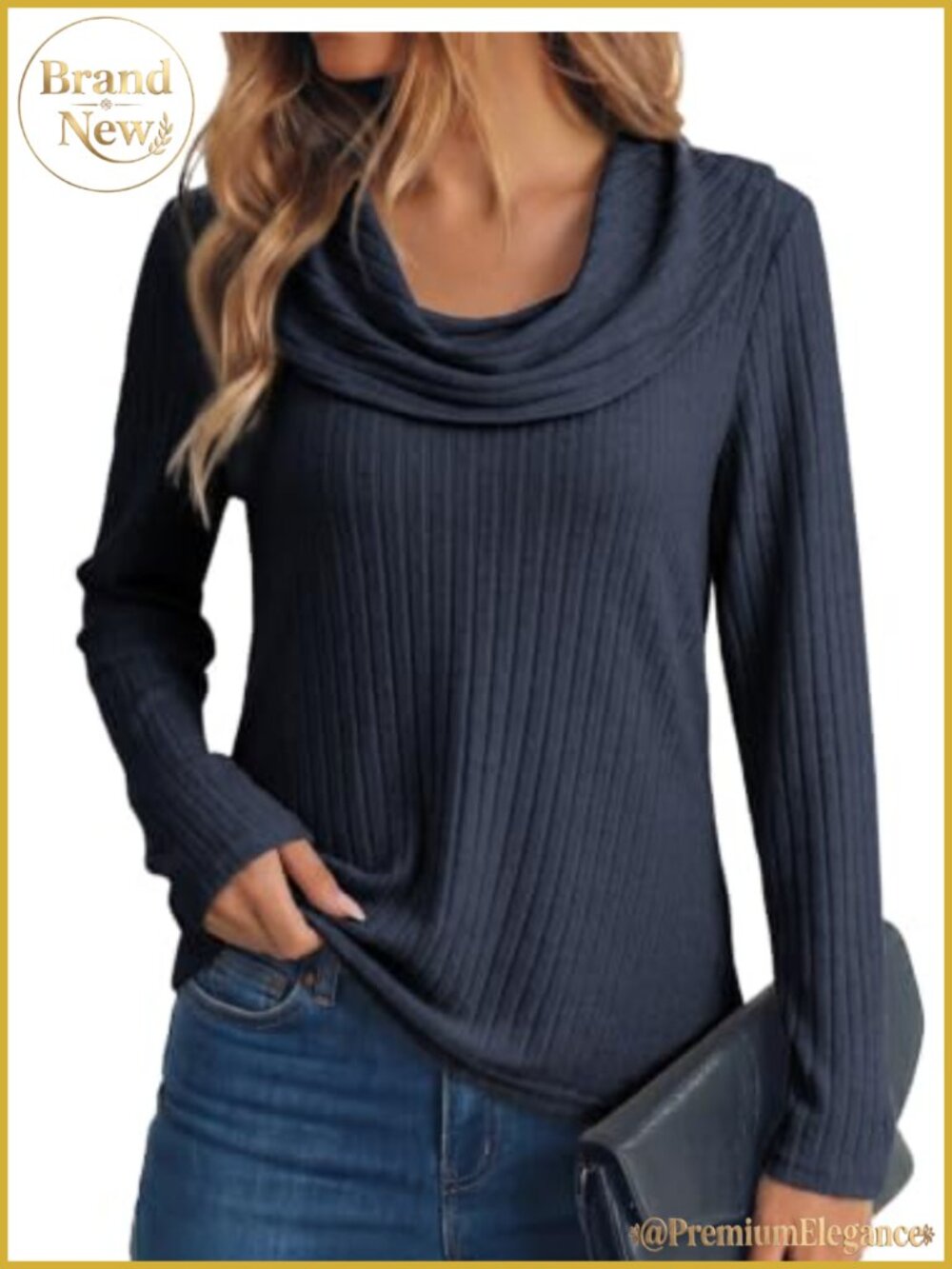 Ribbed Knit Cowl Neck Long Sleeve Pullover Top Fall Winter Casual Blouse